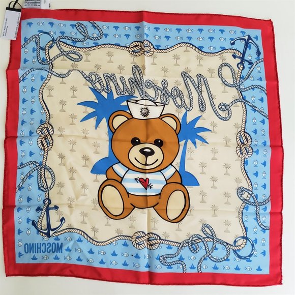 NWT Moschino 100% silk Scarf Italy Nautical Sailor heart bear - Picture 6 of 6